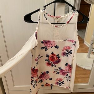 *NEVER WORN* Cold shoulder, mesh sleeved, white with pink and blue floral print